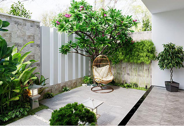 Không gian sân vườn với đầy đủ ánh sáng